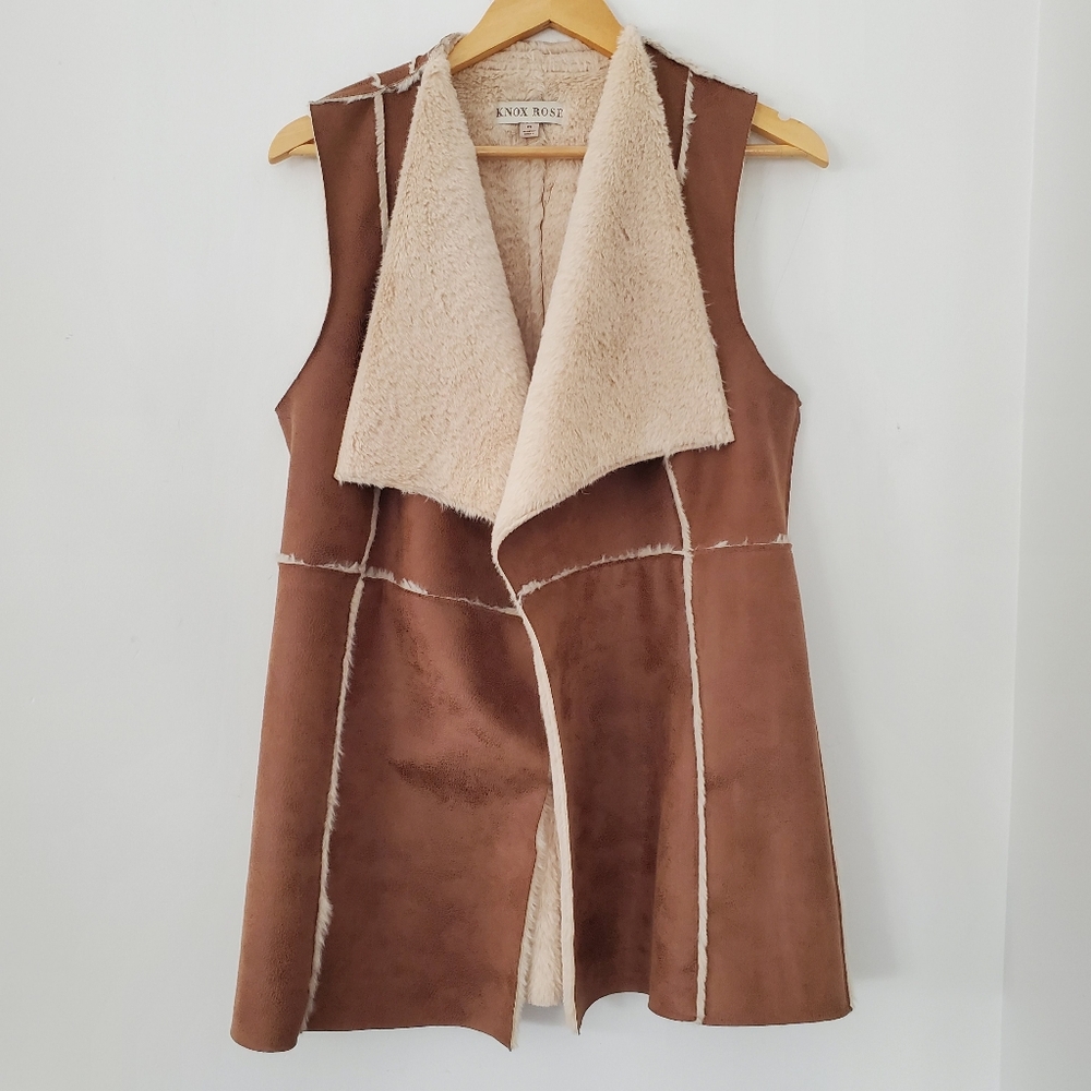 Faux Leather Open Vest Faux Sherpa Lined 30" Long Sz M Western Ranch KNOX ROSE